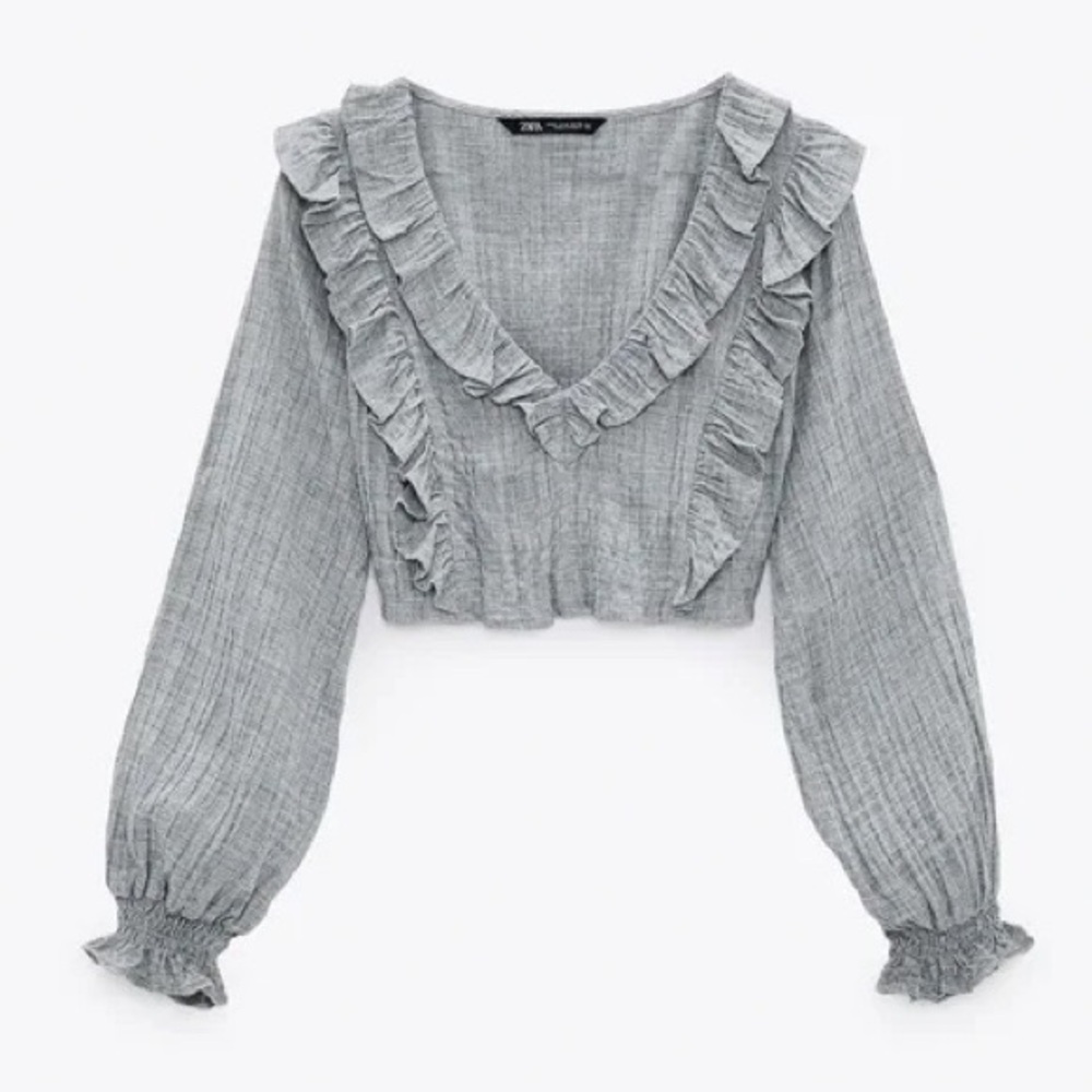 Zara Ruffle Long Sleeve Smocked Textured Gauzy Crop Top